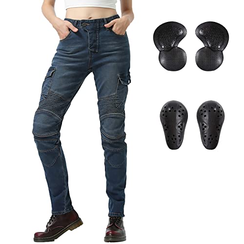 LOMENG Motorcycle Riding Pants Motorcycle Jeans Slim Fit with CE Knee Hip Removable Protectors Armor for Women Blue XXS 25