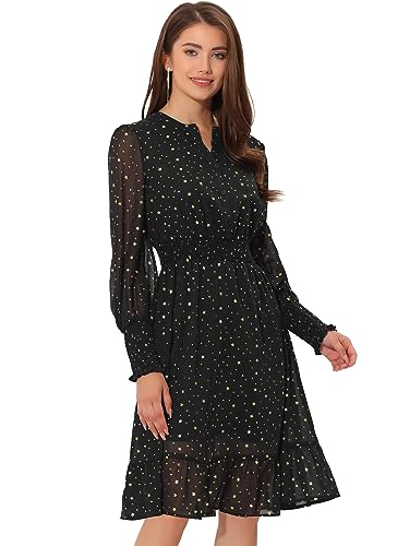 Allegra K Metallic Star Dress for Women's Halloween V Neck Button Up Smocked Chiffon Dresses Medium Black-Star