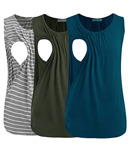 Smallshow Women's Maternity Nursing Tank Tops Breastfeeding Clothes 3-Pack Medium Army Green-Teal-Light Grey Stripe
