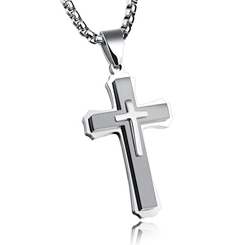 OLEVS Steel Cross Necklace - Silver Men's & Women's Large Simple Metal Cross Pendant