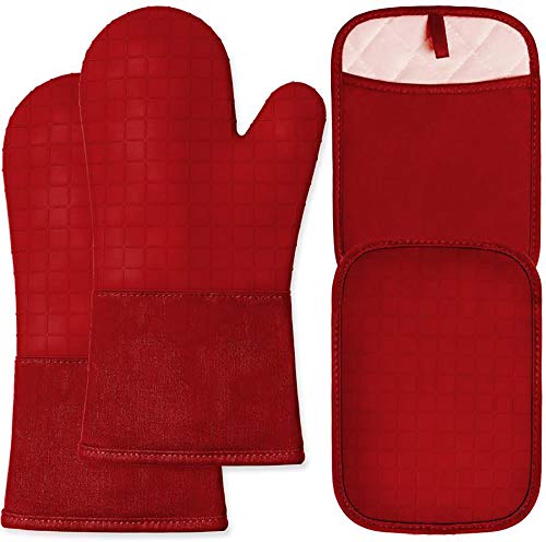 HOMWE Silicone Oven Mitts and Pot Holders for Kitchen & Baking - Set of 4 Heat-Resistant, Heavy-Duty Cooking Mittens w/Non-Slip, Textured Grip