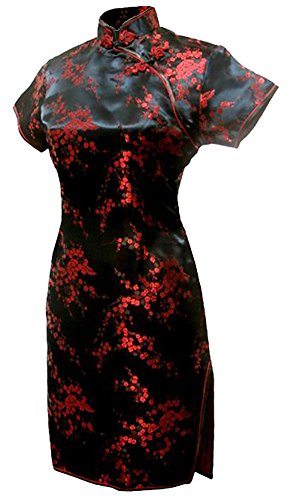 7Fairy Women's Black&Red Floral Mini Chinese Evening Dress Cheongsam Size 6 US