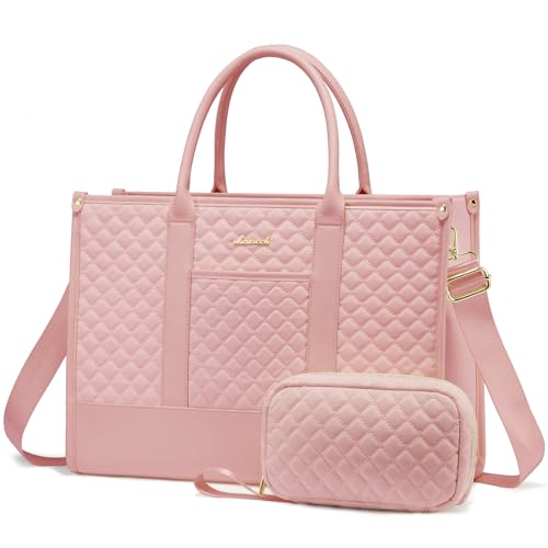 LOVEVOOK Laptop Bags for Women, 17 inch Waterproof Work Tote Bag with Clutch, Professional Teacher Computer Purse Lightweight Shoulder Bag Travel, Quilted Pink