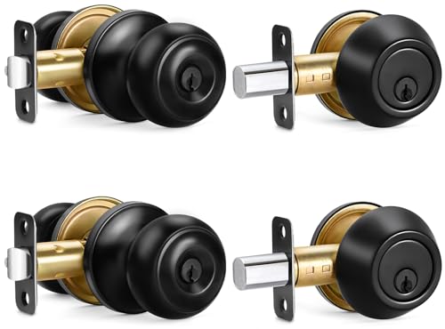 2 Sets Entry Door Knob and Single Cylinder Deadbolt Combo Set, Keyed Alike Round Ball Matte Black Exterior Door Knobs with Lock and Keys for Entrance and Front Door