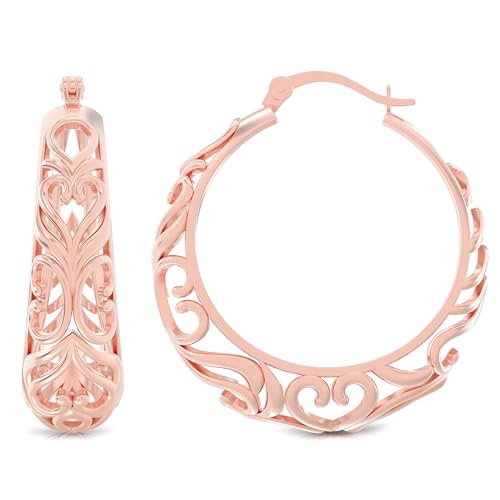 LeCalla 925 Sterling Silver Heart Filigree Hoop Earrings for Women | 14K Rose-Gold Plated Classic Filigree Round Hoop Earrings | Women's Jewelry Gifts 27MM