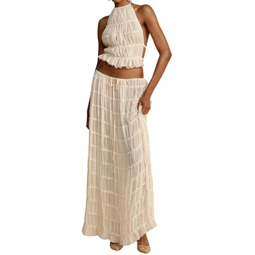 Women Two Piece Maxi Skirt Set Y2k Sleeveless Crop Cami Tops Ruffle Tiered Flowy Long Skirt Vacation Beach Outfits(A0-Ruffle Apricot,M)