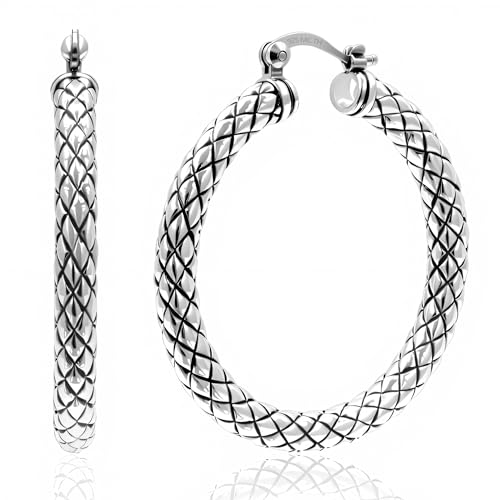 925 Sterling Silver Textured Hoop Earrings for Women | Hypoallergenic Sterling Silver Earrings | Non Tarnish Silver Earrings for Women | Trendy Jewelry Silver Hoops by MAX + STONE