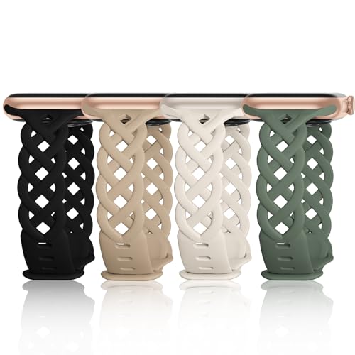 Slim Silicone Bands Compatible with Apple Watch Band 40mm 38mm 41mm 44mm 45mm 46mm 42mm Women Floral Breathable Braided Lace Thin Sport Strap Replacement Wristbands for iWatch SE Series 10 9 8 7 6 5 4 3 ultra 2 (Black/Walnut/Green/Starlight, 38mm/40mm/41mm)