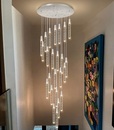 HAIXIANG W24 x H157 Glam Chandelier Bubble Crystal Ceiling Chandeliers Remote Dimmable LED Light High Ceiling Pendants Light Fixtures Adjustable Long Lights 24-Lights Silver Lamp