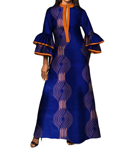 iooiooi Womens Double Layered Bell Sleeve African Maxi Dress Ankara Wedding Party Dress Blue