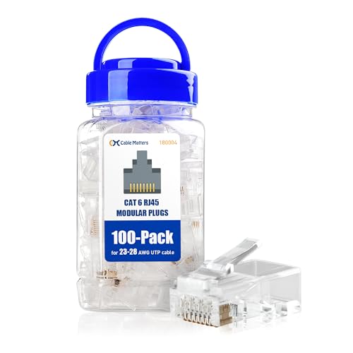 Cable Matters 100-Pack CAT6 RJ45 Modular Plugs, 50µ Gold Plated (RJ45 Connector, Cat 6 Ends, Cat 6 Ethernet Connector, Ethernet Plugs), for Solid or Stranded UTP Cable