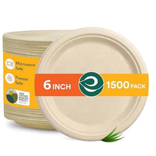 ECO SOUL 100% Compostable 6 Inch Small Paper Plates [1500-Pack] Small Disposable Bulk Party Heavy Duty, Eco-Friendly, Appetizer, Dessert, Wedding Plates I Biodegradable Unbleached Sugarcane Eco Plates