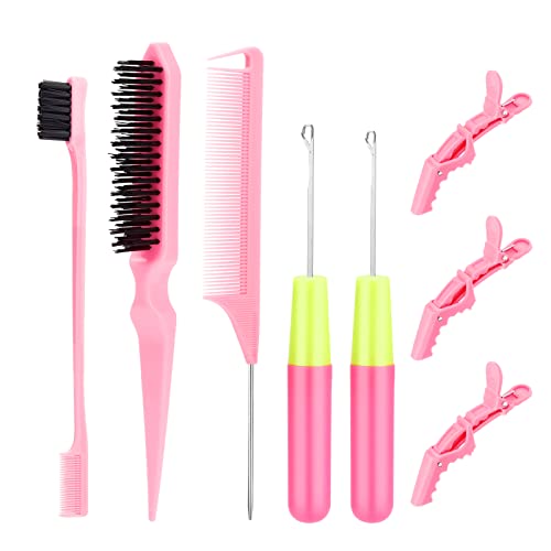 SWEET VIEW Hair Crochet Hooks Set - 2 Crochet Needles, Edge Brush, Bristle Brush, Rat Tail Comb, 3 Gator Clips for Passion Twist Hair Extensions