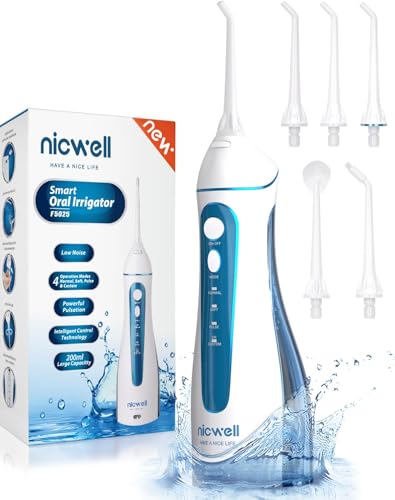 Water Dental Flosser Pick for Teeth: Nicwell 4 Modes Cordless Portable Rechargeable Oral Irrigator IPX7 Waterproof Cleaner Pik Deep Cleaning Flossing Pic Machine for Home Travel