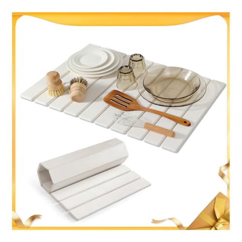 Stone Drying Mat for Kitchen Counter, 24"×16" Collapsible Diatomaceous Earth Dish Drying Mats, Fast Absorbent, Large Quick-drying Draining Mat for Dishes Cookware Cups