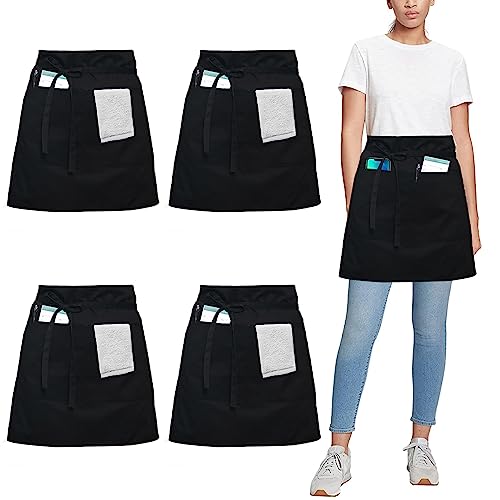 umboom 4 Pack Short Server Waitress Chef Apron, Black Waist Aprons with 3 Pockets for Women Men, Half Apron for Waiter Cooking Dishwashing Cleaning Painting Gardening Barbecue (Polycotton - Black)