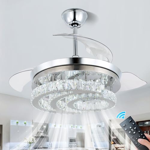 FRIXCHUR 42" Dimmable Fandelier Led Crystal Chandelier Ceiling Fans with Lights and Remote Moon Shape Retractable Chandelier Ceiling Fan for Bedroom Living Room Dining Room 30W*2