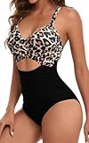 Eomenie Women's One Piece Swimsuits Tummy Control Cutout High Waisted Bathing Suit Wrap Tie Back 1 Piece Swimsuit Black and Leopard