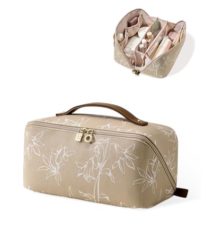 EACHY Travel Makeup Bag,Large Capacity Cosmetic Bags for Women,Waterproof Portable Pouch Open Flat Toiletry Bag Pattern Makeup Bag (F-Brown-Large)