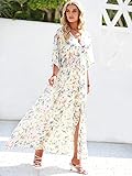 ANRABESS Women’s Summer Loose Boho Flowy Wrap V Neck 3/4 Sleeve Floral Print Slit Beach Wedding Guest Long Maxi Dresses 2024 Floral Pink Blue X-Large