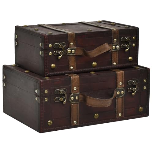 DECOR4SEASON Wooden Vintage Luggage Trunks Set of 2, Decorative Antique Suitcase Boxes with Hinged Lids, Old Fashioned Chests for Home and Table Decor, Maroon