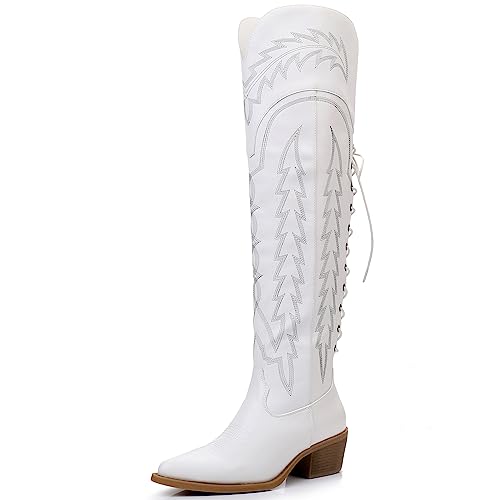 GLOBALWIN Women's White Cowboy Boots Western Fashion Over The Knee Thigh High Cowgirl Boots Low Heel Size 8.5M