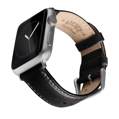 Archer Watch Straps - Top Grain Leather Straps for Apple Watch (Black/Natural White Thread, Matte Silver Hardware, 44/45/46/49mm)