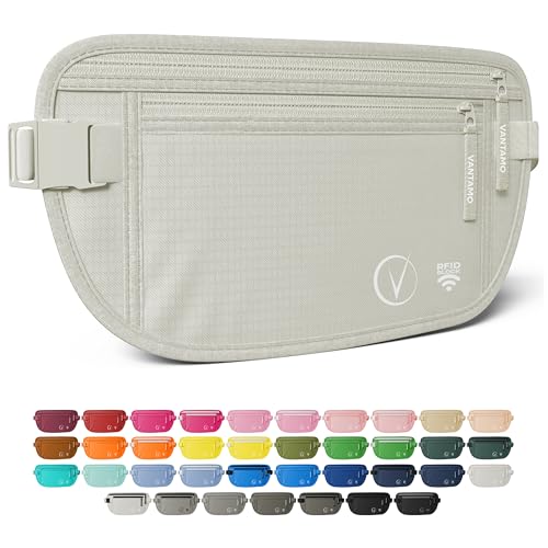 Vantamo Hidden Money Belt For Extra Safety, RFID Ultra-Thin Fanny Pack, 2 Compartment Money Bag Fits Passport & Phone