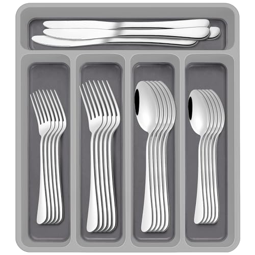 60-Piece Silverware Set with Organizer,AIVIKI Stainless Steel Flatware Set for 12,Cutlery Utensil Sets for Home Restaurant,Tableware Set Include forks spoons and knives,Mirror Polished,Dishwasher Safe