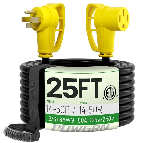 POWGRN 50 Amp RV/EV Extension Cord 25 FT Outdoor with Grip Handle, Flexible Heavy Duty 6/3+8/1 Gauge STW 4 Prong RV Power Cord Waterproof, NEMA 14-50P to 14-50R, Black-Yellow, ETL Listed