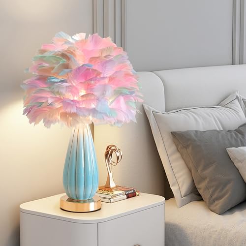 ZYLEIESENBAO Feather Lamp Princess Feather Table Lamp Colorful Goose Feather Bedside Lamp Wedding Romantic Atmosphere Decoration Girl Lamp Furry Desk Lamp for Bedroom Living Room Hotel