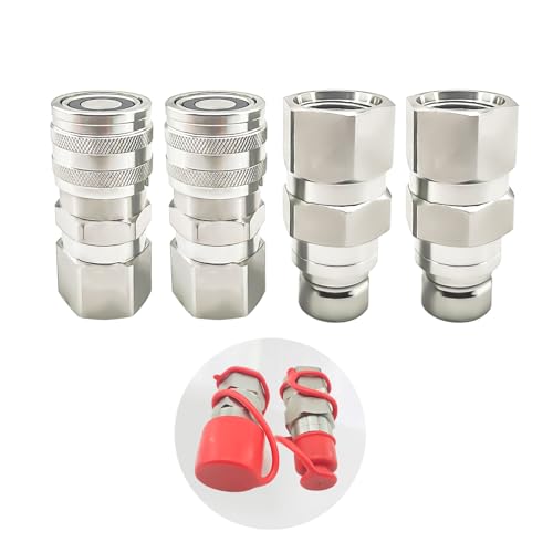 3/4" SAE Thread Flat Face Hydraulic Quick Connect Coupler Set for Skid Steer, 4PCS Heavy-Duty Carbon Steel Coupling Fittings with 1/2" Body and Dust Cap