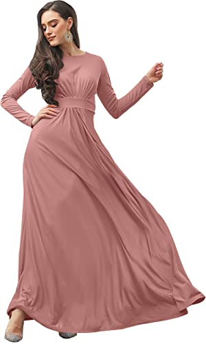 KOH KOH Womens Long Full Sleeve Sleeves Flowy Empire Waist Fall Winter Modest Formal Floor Length Abaya Muslim Bridesmaid Bridal Gown Gowns Maxi Dress Dresses, Cinnamon Rose Pink L 12-14