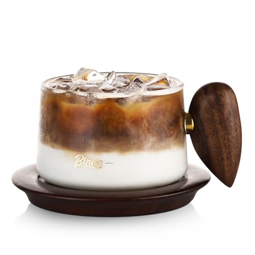Bincoo Glass Coffee Cups and Saucers Set,250ML Clear Glass Iced Coffee Mug Espresso Cup Tea Cup with Walnut Coaster and Handle (Clear)