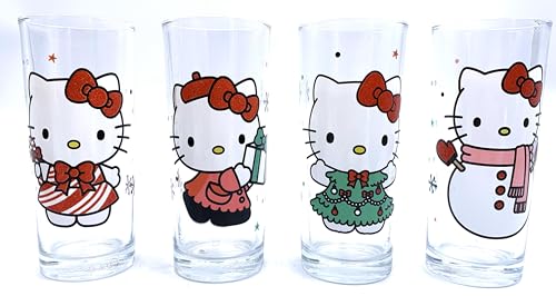 Silver Buffalo Sanrio Hello Kitty Glitter 4pc Christmas Holiday Winter Tumbler Glass Set,10 Ounces
