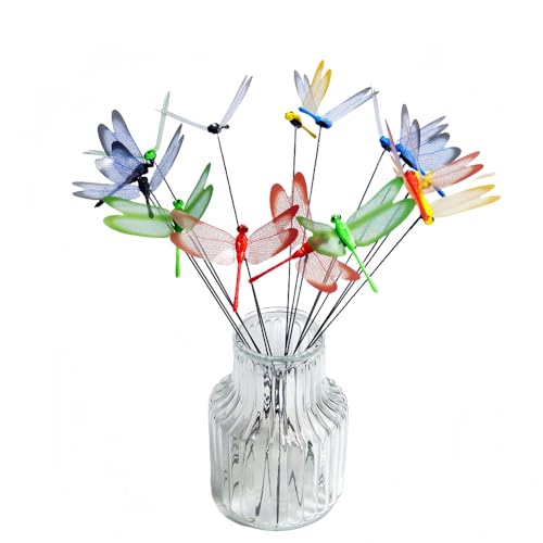 XIZHI 40 Pcs 3D Artificial Dragonfly Stakes Garden Ornaments Dragonfly Garden Decor for Indoor Outdoor Planter Miniature Fairy Garden Decoration,Yellow,Blue,Green,Red