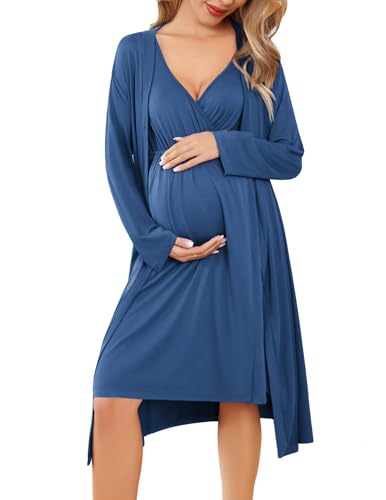 Ekouaer Maternity Nursing Gown and Robe Set Labor Delivery Nursing Nightgowns for Breastfeeding Pregnancy Clothes Blue M