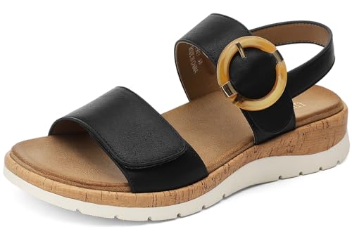 UBFEN Womens Flat Sandals Arch Support Open Toe Walking Comfy Casual Low Wedge Summer Shoes Black Size 8
