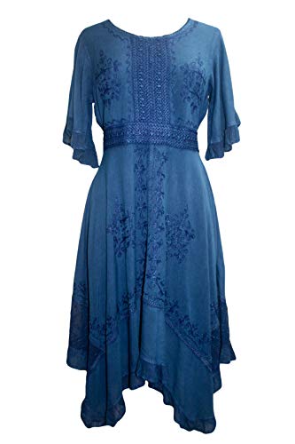 Agan Traders Women's 2025 Summer Boho Vintage Embroidered Short Sleeve Long Maxi Gown Dress with Uneven Hem and Scoop Neck (186014 DR, XL/1X, Bl) Blue