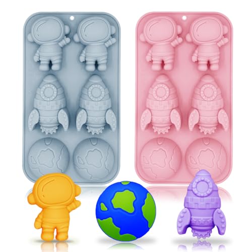2 Pack Astronaut Silicone Molds Rocket Planet Silicone Mold, 6 Cavity Space Themed Baking Mould Tray DIY Tool for Baby Shower Birthday Party Chocolate Cake Mousse Pastry Soap Crayons Cupcake Topper