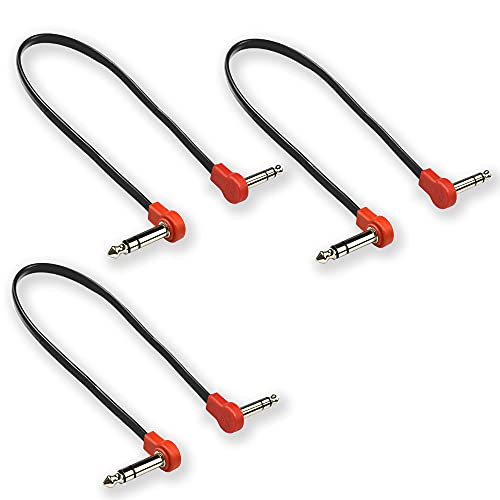 M MAKA Flat Low Profile Stereo Guitar Patch Cable 20 inch for Effects Pedals, 1/4 inch TRS Right-Angle, Red, 3-Pack