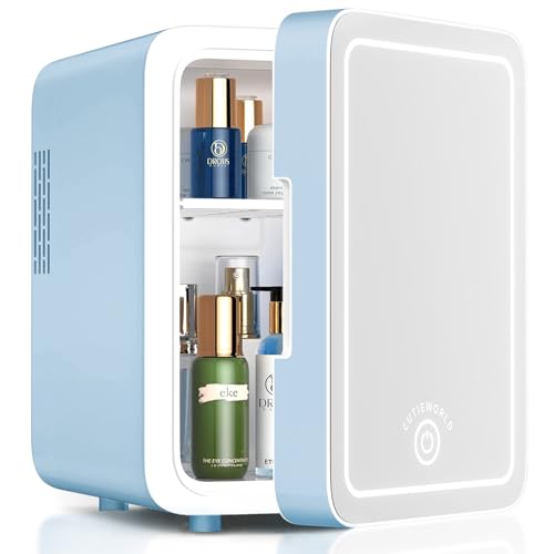 CUTIEWORLD Skincare Fridge With Dimmable LED Light Mirror, 4L Makeup Mini Fridge for Bedroom, Car, Office & Dorm, Cooler & Warmer, Portable Small Refrigerator for Cosmetics, Skin Care and Food, Blue