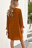 QACOHU Dresses for Women 2025 V Neck Ruffle Long Sleeve Simple Casual Loose Flowy Autumn Winter Shift Dress Caramel L