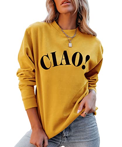 QYZ-Top Ciao Italian Hello Pullover - Womens Casual Long Sleeve Letter Italian Goodbye Graphic Sweatshirt Tops (yellow3, XL)