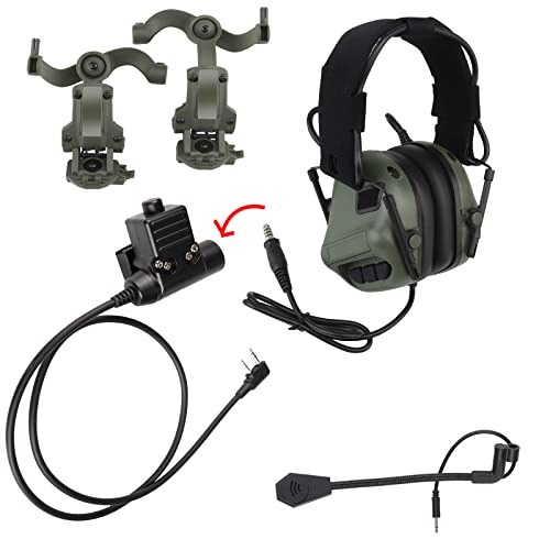 Hdlsina Tactical Shooting Headset + with U94 PTT 2pin with ARC Rail Adapter Noise Reduction & Sound Pickup Ear Protection (Green)