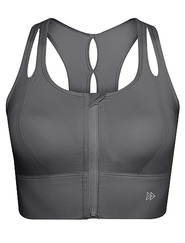 Yvette Womens Sports Bras High Impact Front Zipper Sports Bra for Large Bust Full Support Racerback Workout Running,Grey,5X-Large Plus