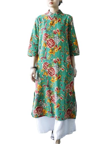 Women Chinese Traditional Northeast Flower Cheongsam Qipao Mandarin Collar Keyhole Dress with Pocket (US, Alpha, One Size, Regular, Regular, Green Peony)