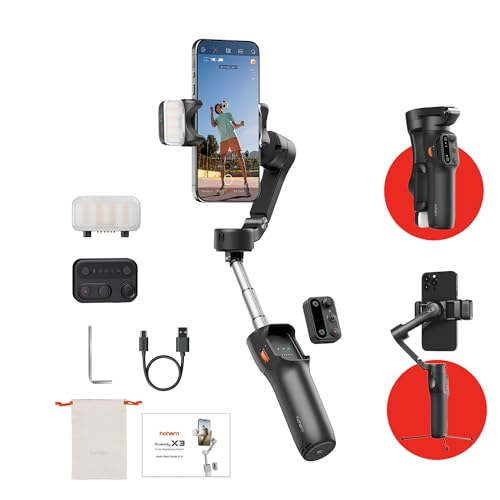 hohem iSteady x3 Gimbal Stabilizer for iPhone, AI Tracker Stabilizer, 3-Axis Smartphone Foldable Gimbal w/3-Color Fill Light, Detachable Remote Control, Built-in Extension Rod Tripod, hohem x3