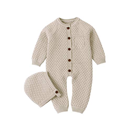 mimixiong Cotton Baby Romper Newborn Baby Knitted Clothes Longsleeve Sweater Outfit for Boy and Girls with Warm Hat Set Camel