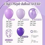 136pcs Purple Balloons Garland Arch Kit, 18 12 10 5 In Dark Light Metallic Purple Confetti Latex balloons Different Sizes for Purple Birthday Butterfly Wedding Baby Shower Party Decorations